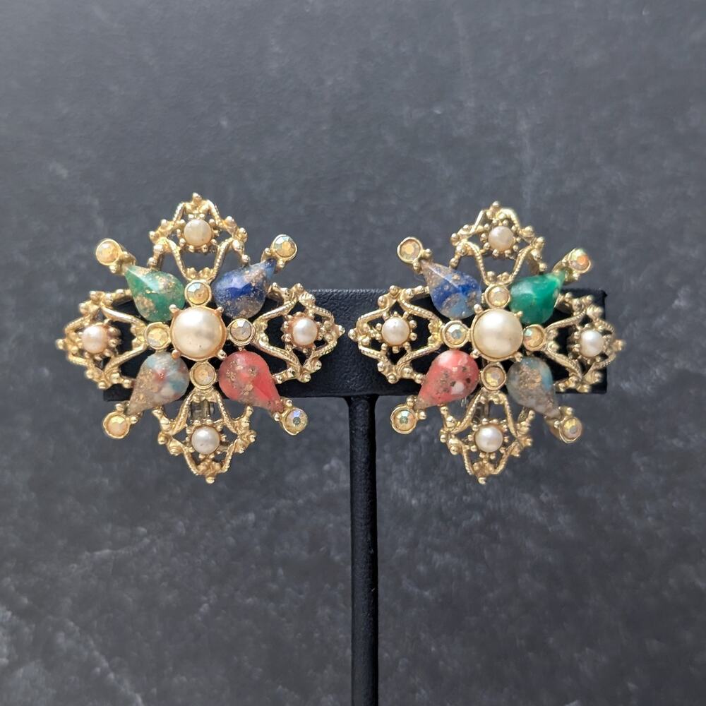 Vintage Sarah Coventry Clip On Earrings Galaxy Maltese Cross Large Colorful 1962